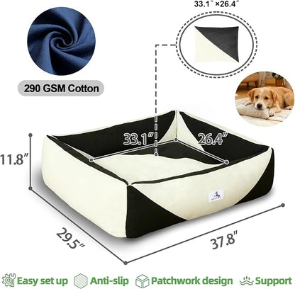 Cotton Canvas Dog Bed, Dog Beds Large Sized Dog, Orthopedic Bed with Washable Removable Cover, Durable 290 GSM Cotton Anti-Chewing Pet Bed with Anti-Slip Bottom (38"x30"x12", Black&White)