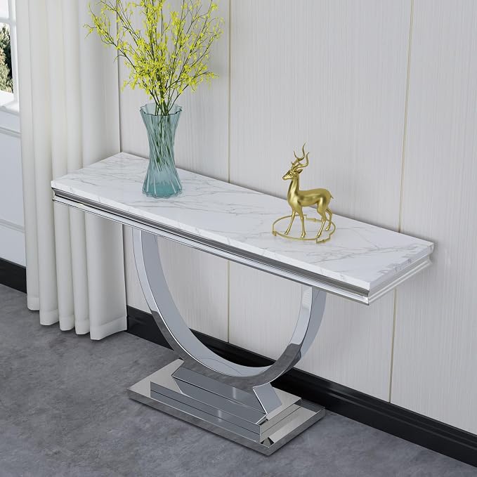 3 Piece Living Room Table Set Include 1 Faux Marble Coffee Table & 1 End Table & 1 Console Table, Modern White Silver Coffee Table Set of 3 with Double O Shape Stainless Steel Pedestal Base