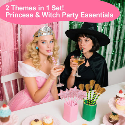 36PCS Witch Party Decorations Pink and Green Party Decorations Princess and Witch Party Favors Include Witch Hats Crowns Star Pens Broom Pencils Drinking Straws Wizard Hats for Witch Birthday Decor