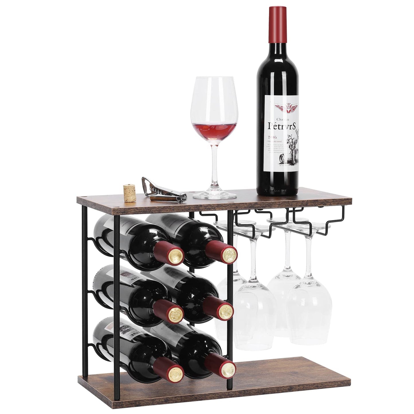 MOOACE Countertop Wine Rack, Wine Bottle Rack with Glass Holder