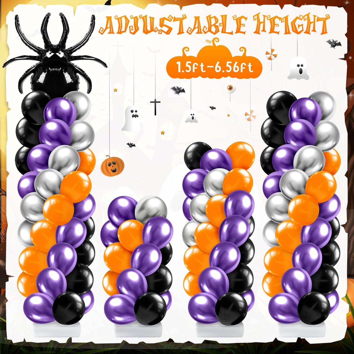 Kasyat 2 Sets Halloween Balloon Column Stand Kit with Scary Pumpkin Spider Foil Balloon Orange Purple Black Silver Arch Garland Kit for Spooky Birthday Party Halloween Theme Decoration