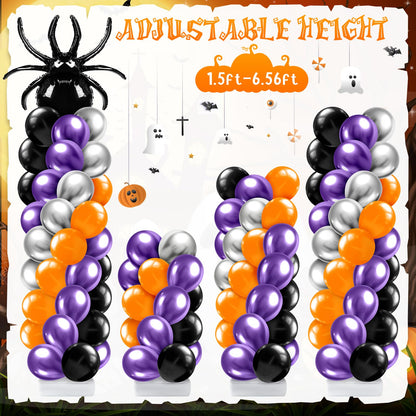 Kasyat 2 Sets Halloween Balloon Column Stand Kit with Scary Pumpkin Spider Foil Balloon Orange Purple Black Silver Arch Garland Kit for Spooky Birthday Party Halloween Theme Decoration