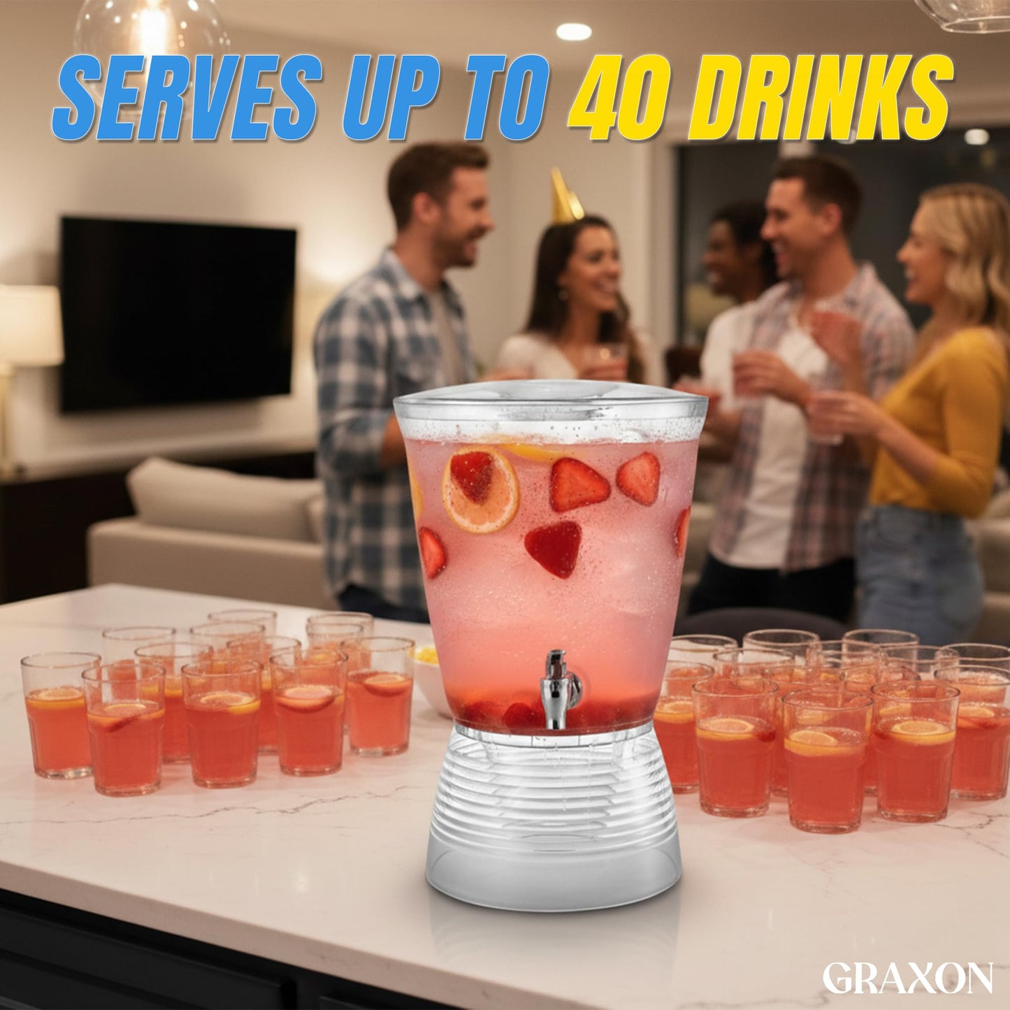 Drink Dispenser for Parties (2.5 Gallon) Large Plastic Water Dispenser for Counter Tops, No Mess, Easy to Assemble & Wash, Up to 40 Drinks, For Drinks, Juice, Punch & Water (1 Pack)