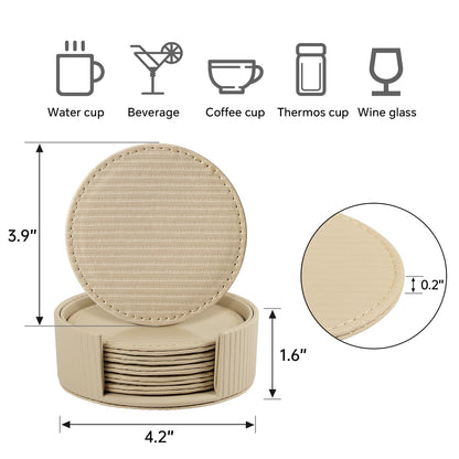 Leather Coasters Set of 6 with Holder, Tabletop Protection, Coffee Table & Bar Decoration, Modern-Style Drink Coasters Suitable for Home Dining Tables & Kitchen Accessories (Beige Stripe)