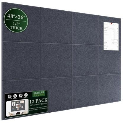Large Cork Bulletin Board for Wall 48"x36", 12 Pack Felt Wall Tiles with 80 Pushpins, 60 Safe Removable Adhesive Tabs, Decorative Pin Board Tack Board for Office Home School, Dark Gray