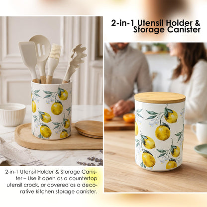 ODESUN Lemon Ceramic Utensil Holder with Bamboo Lid , 2-in-1 Countertop Utensil Crock & Storage Canister, Kitchen Utensil Holder for Countertop & Flatware Holder, French Country Kitchen Decor