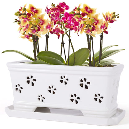 Orchid Pot with Holes and Saucer - 12*6.3*5.3Inch Ceramic Large Pot Basin for Refilling - Indoor and Outdoor Use - Air Circulation
