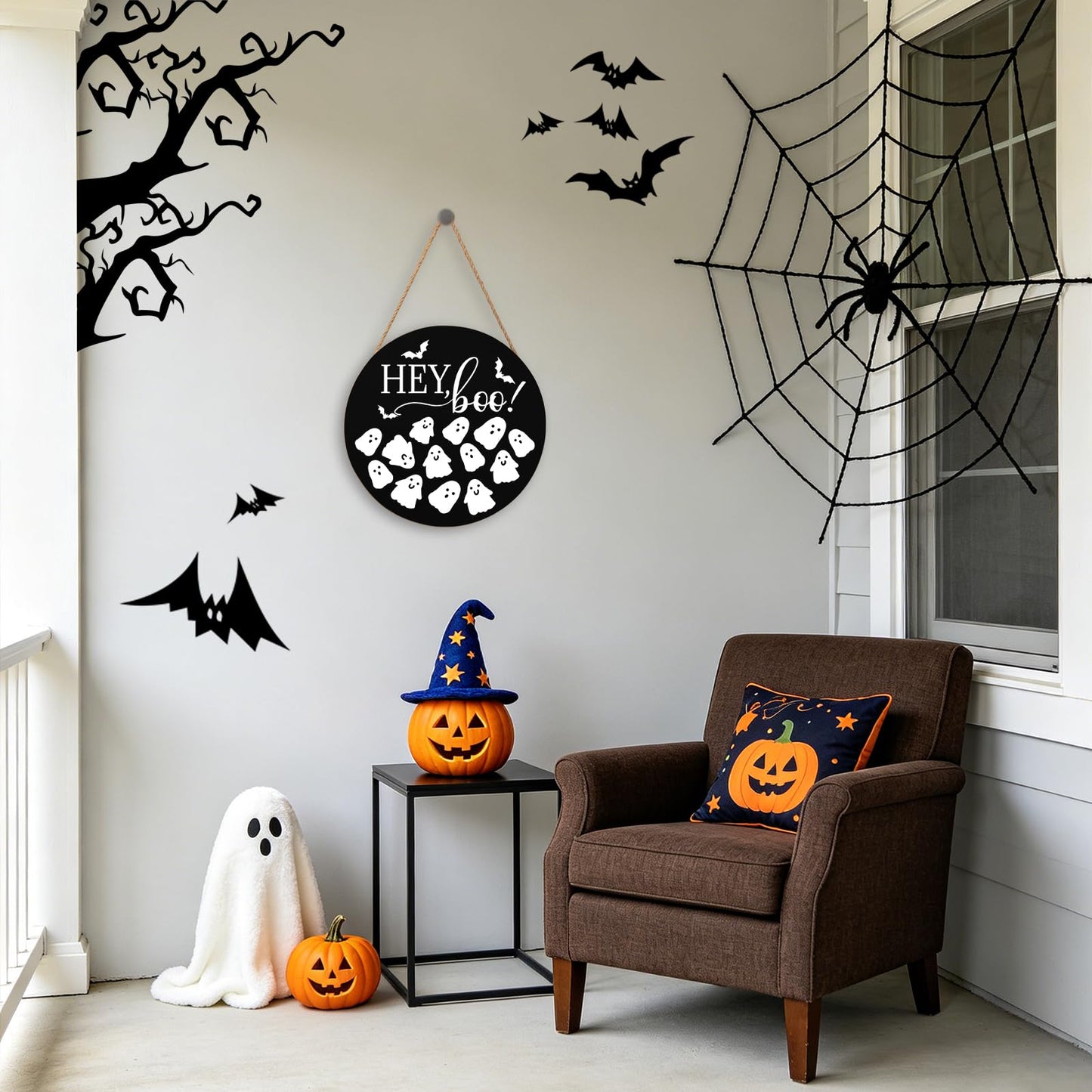 Hey Boo Sign 12x12 Inch Halloween Wreaths for Front Door Halloween Ghost Wood Door Hanger Black Boo Sign Farmhouse Holiday Decorations Wall Hanging Plaque for Trick or Treat Party Inside Outside