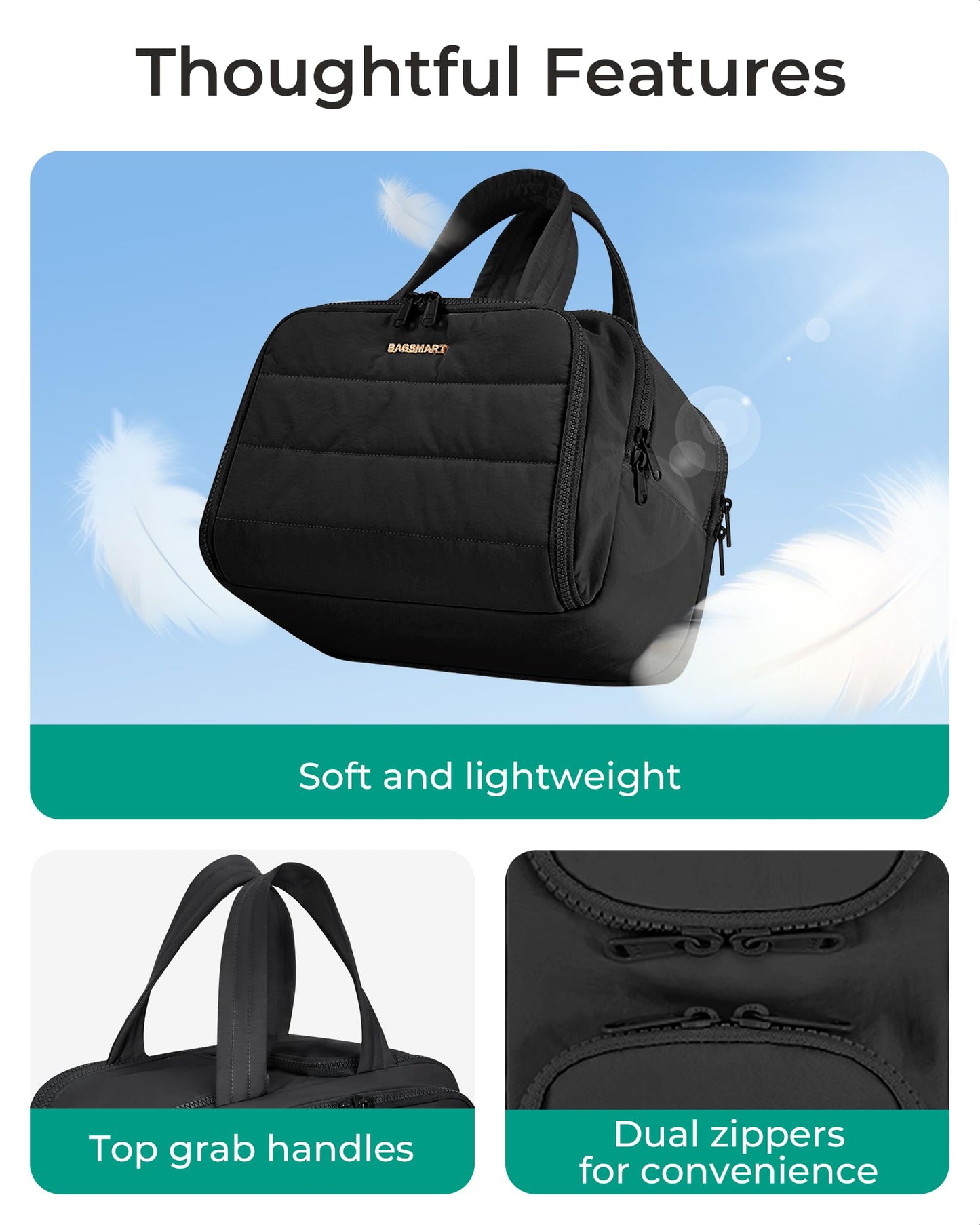 BAGSMART Travel Toiletry Bag, Lightweight Large Wide-open Travel Bag for Women, Puffy Cosmetic Makeup Bag Organizer with Handle for Accessories,Essentials, Toiletries, Black