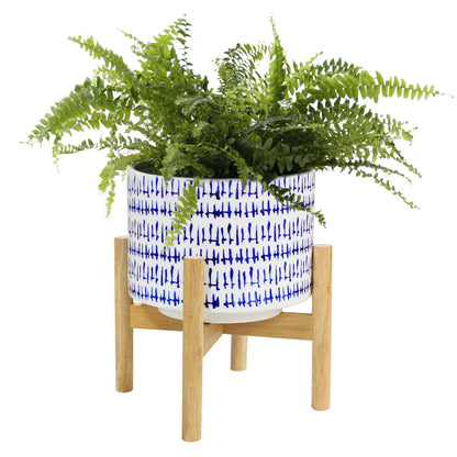 LA JOLIE MUSE Blue Planter with Stand - 7.3 Inch Retro Round Decorative Flower Pot Indoor with Wood Planter Holder, Blue and White, Home Decor Gift