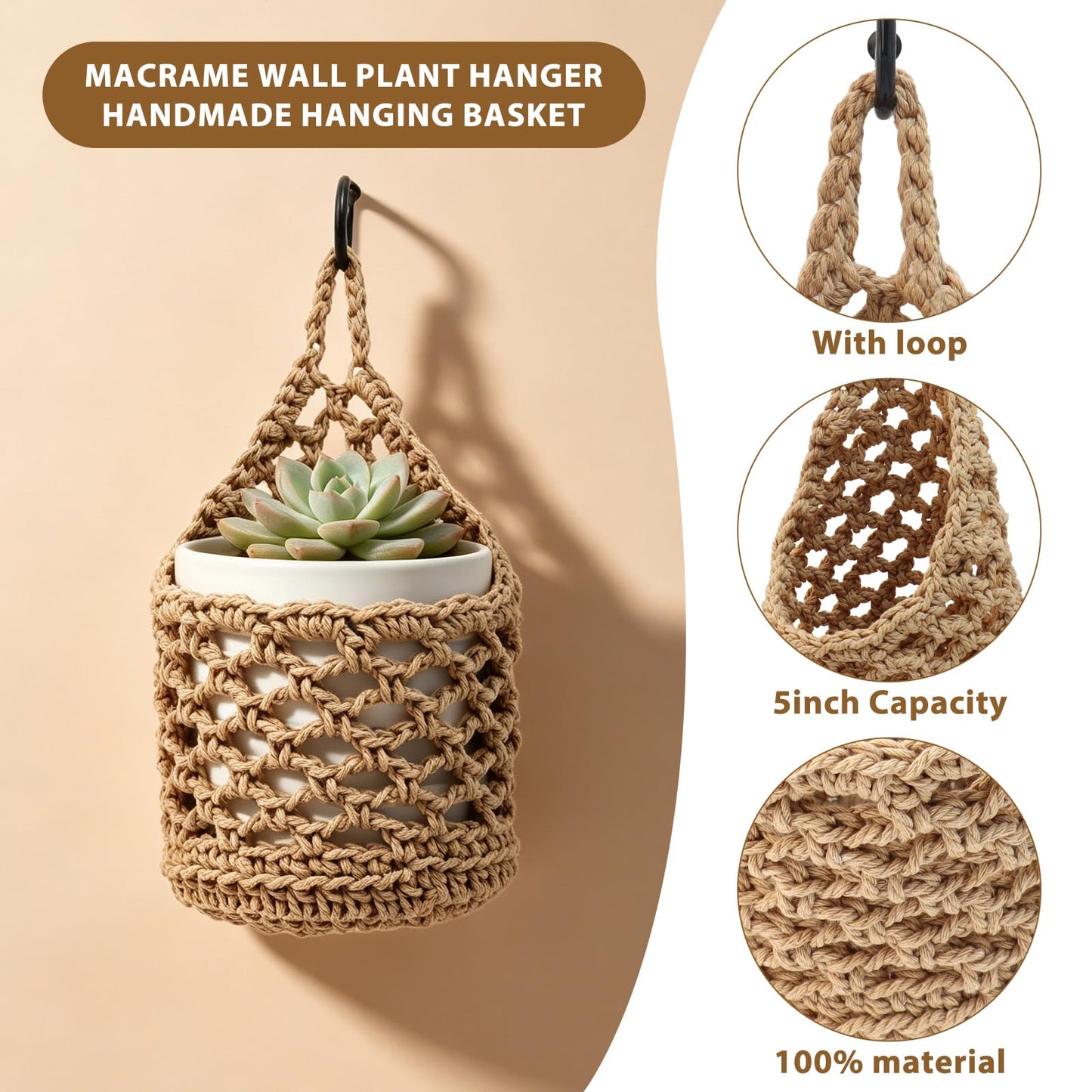 4-Pack 5-Inch Macrame Wall Plant Hangers, Natural Cotton Hanging Planter Baskets for Indoor Plants, Boho-Style Woven Plant Baskets for Walls, Small Hanging Pots for Succulents and Kitchen Storage