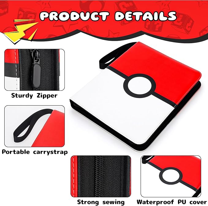 Card Binder 9 Pocket, 900 Pockets Extra Large Trading Card Binder with Zipper, PU Leather Waterproof Card Album Holder, 3-Ring Collectible Card Book for TCG, MTG, Game Cards，Red & White