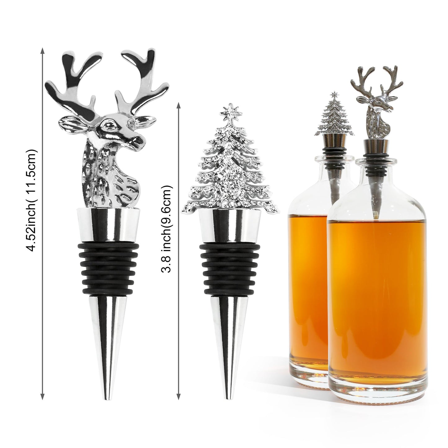2Pack Christmas Wine Stopper, Elk & Christmas Tree Shape Decorative Wine Bottle Stopper, Food-Grade Silicone & Zinc Alloy Airtight Wine Cork for Wine Champagne, Xmas Party Home Bar Holiday Gift Silver