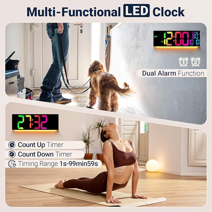 16.5" Large Digital Wall Clock: 11 RGB Color LED Display with Remote Control, Auto DST, Temperature & Date, Big Number Wall Clock for Seniors, Classroom, Office, Gym, Home Decor Brown