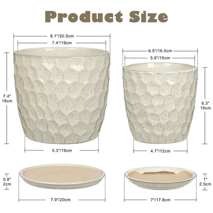 Hollyone White Ceramic Pot for Plants Flowers Ceramic Planter with Drainage Hole and Saucers 8 + 6.5 Inch Set of 2 Glaze Round Flower Plant Pot for Indoor Outdoor Large Succulent Orchid Flower Pot