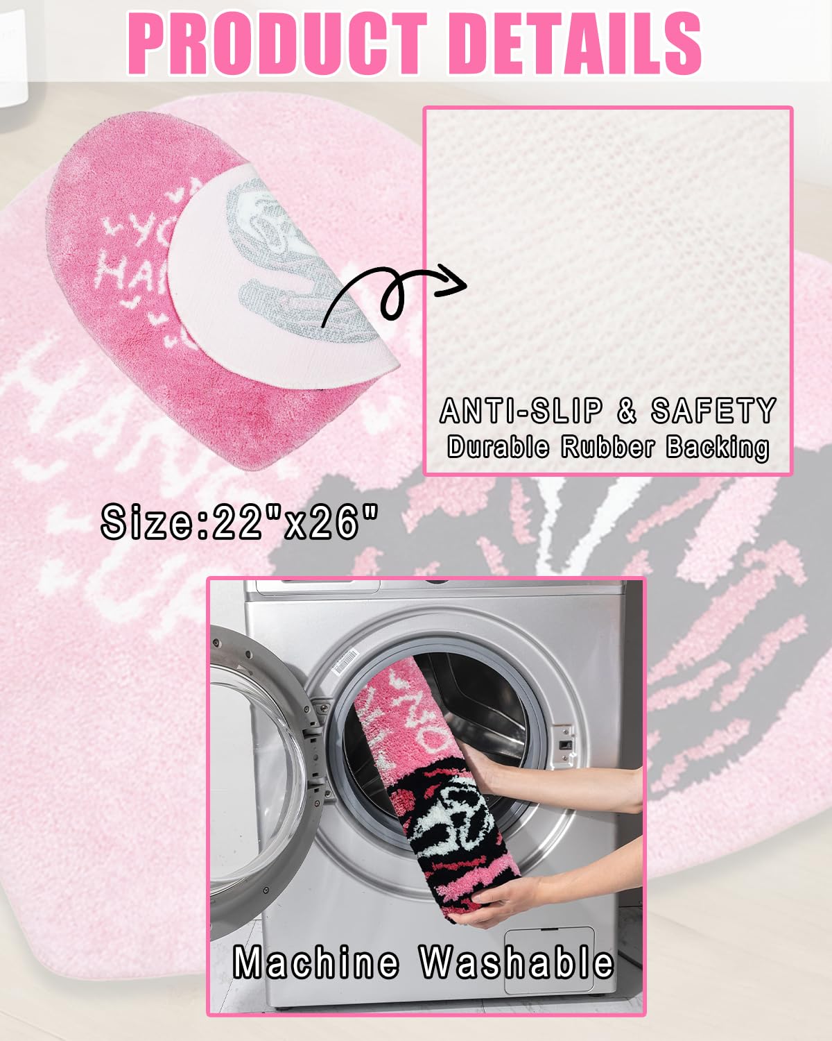 PreLiving Bathroom Rugs Heart-Shaped Pink Ghost Bath Mat Non Slip, Funny Gothic Ghost Horror Design, Washable Absorbent Spooky Bathroom Decor, Funny Halloween Bath Rugs for Home 22 x 26 Inch