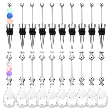 20 Pcs Beadable Wine Stoppers and Beadable Bottle Opener Set - 10 Reusable Decorative Wine Bottle Stoppers & 10 Alloy Openers for DIY Crafts, Wedding, Bar Party Favors, Holiday Gifts