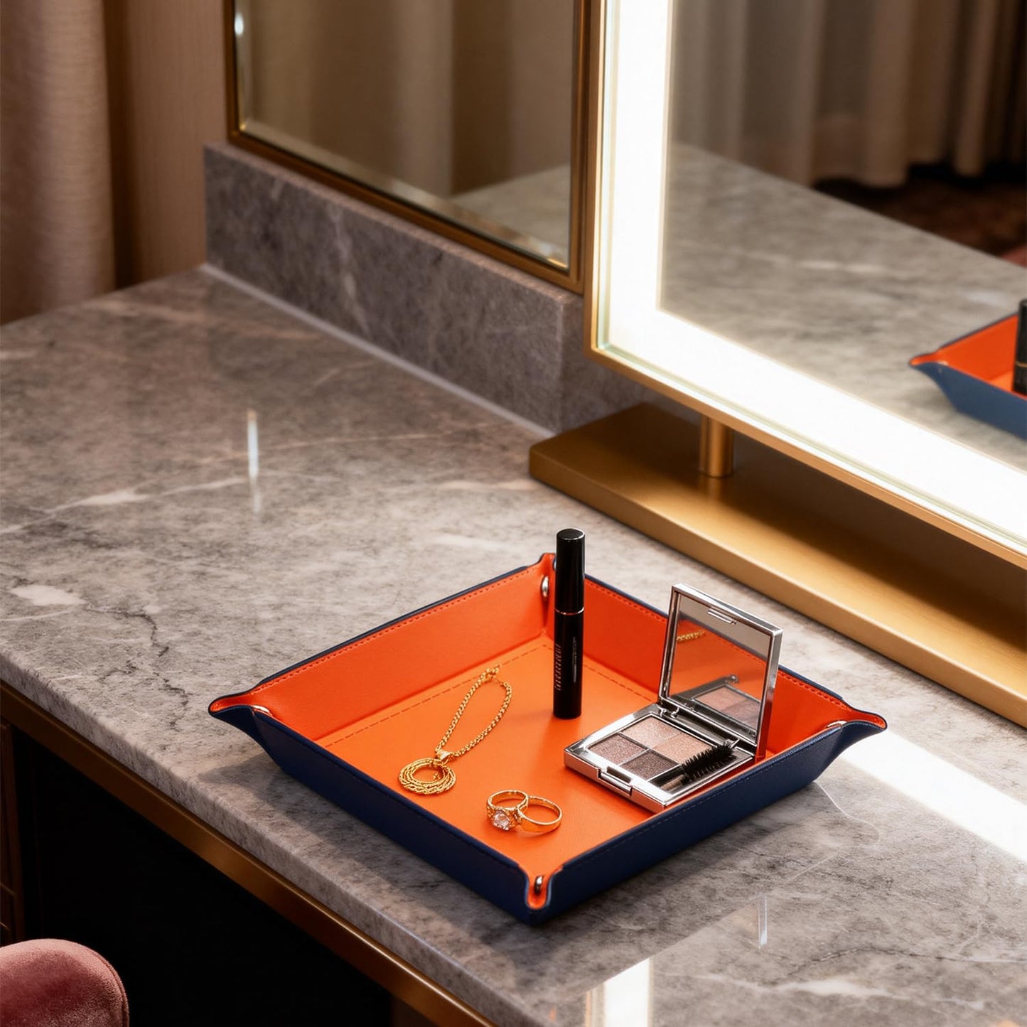 siduater Valet Tray Desktop Storage Organizer – Vegan Leather Catchall Bedside Vanity Tray Nightstand Caddy Holder for Remote Controller, Watch, Keys, Phone, Wallet, Coin, Jewelry (Orange/Black)
