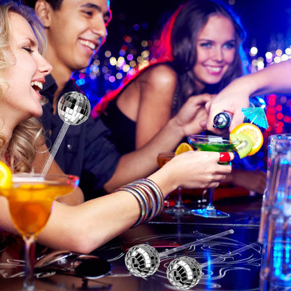 Sawysine 24 Pcs Disco Party Decorations Disco Ball Cocktail Stirrers 8 Inch Silver Mirror Ball Stir Sticks Beverage Coffee Drink Stirrer for 70s 80s Bachelorette Wedding Birthday Party(Silver)