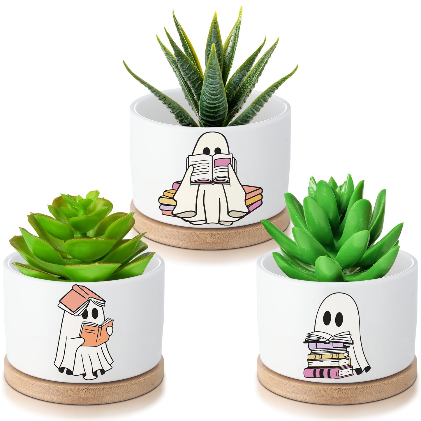 Mimorou 3 Pcs Book Lover Gifts, Cute Ghost Reading Succulent Planters with Bamboo Trays, Small Ceramic Plant Pots for Indoor Plants, Bookish Gifts for Readers, Teachers, Book Lover Desk Decor