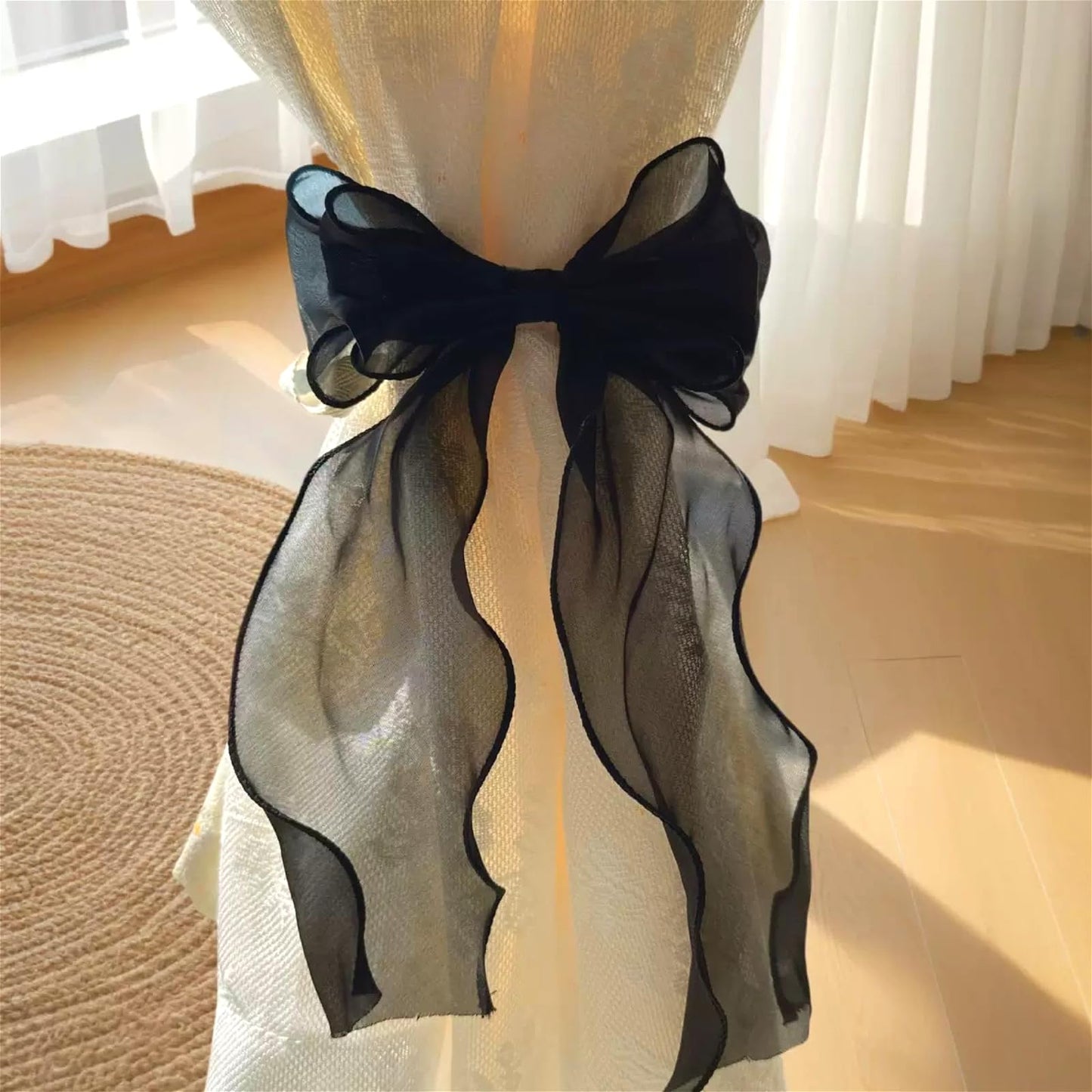 2 Pack French Silky Bow Curtain Tiebacks, Elegant Lace Ribbon for Curtains Decorative Rope Accessories Home Décor (Black,2)