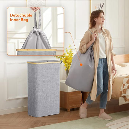 Lifewit 75L Slim Laundry Hamper with Lid, Narrow Laundry Basket with Removable Bag & Bamboo Handles, Fodable Thin Dirty Clothes Hamper for Laundry Collapsible Bin for Bathroom Bedroom Dorm, Gray