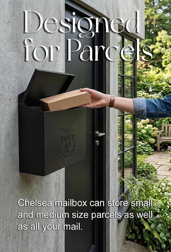 NACH Chelsea Wall Mount Mailbox for Outside, 11.5 x 5 x 13 inches, Black Mailboxes for Outside, Water Resistant Mailbox for Outside