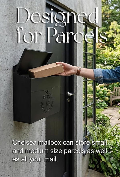 NACH Chelsea Wall Mount Mailbox for Outside, 11.5 x 5 x 13 inches, Black Mailboxes for Outside, Water Resistant Mailbox for Outside