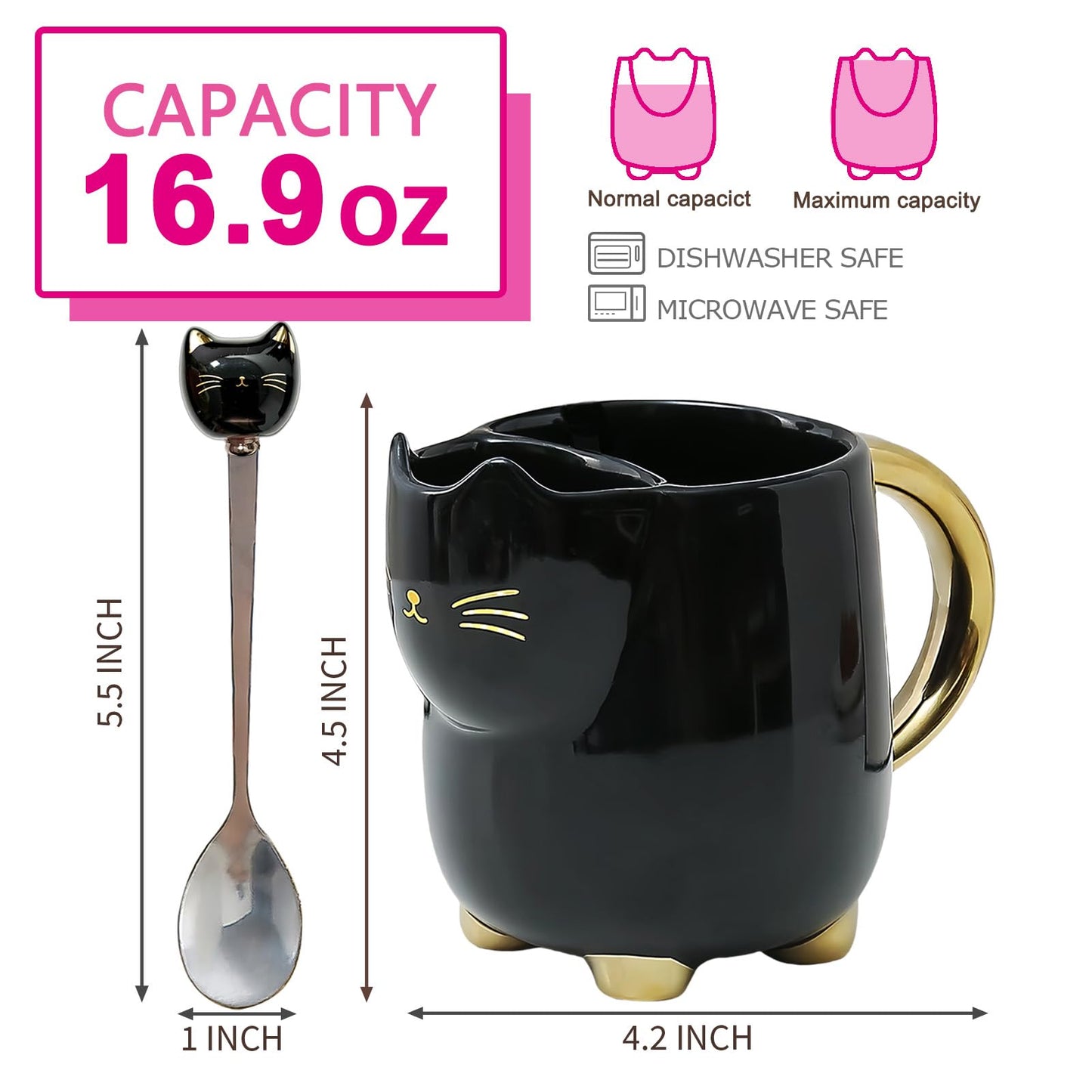 Christmas mugs Ceramic Cat Mug with Tea bag– 17oz Unique Coffee Cup with kitty Expression Design, Fun Gift for Women, Girls, Kids, Cat Lovers (BLACK)