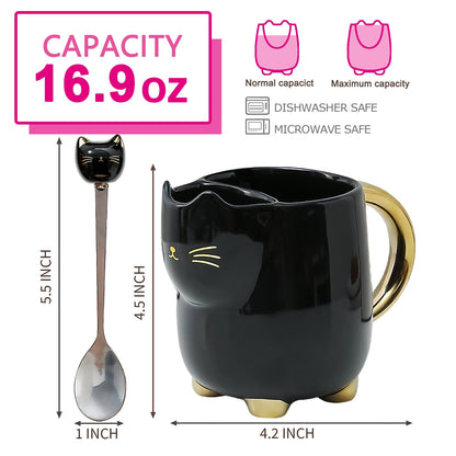Christmas mugs Ceramic Cat Mug with Tea bag– 17oz Unique Coffee Cup with kitty Expression Design, Fun Gift for Women, Girls, Kids, Cat Lovers (BLACK)