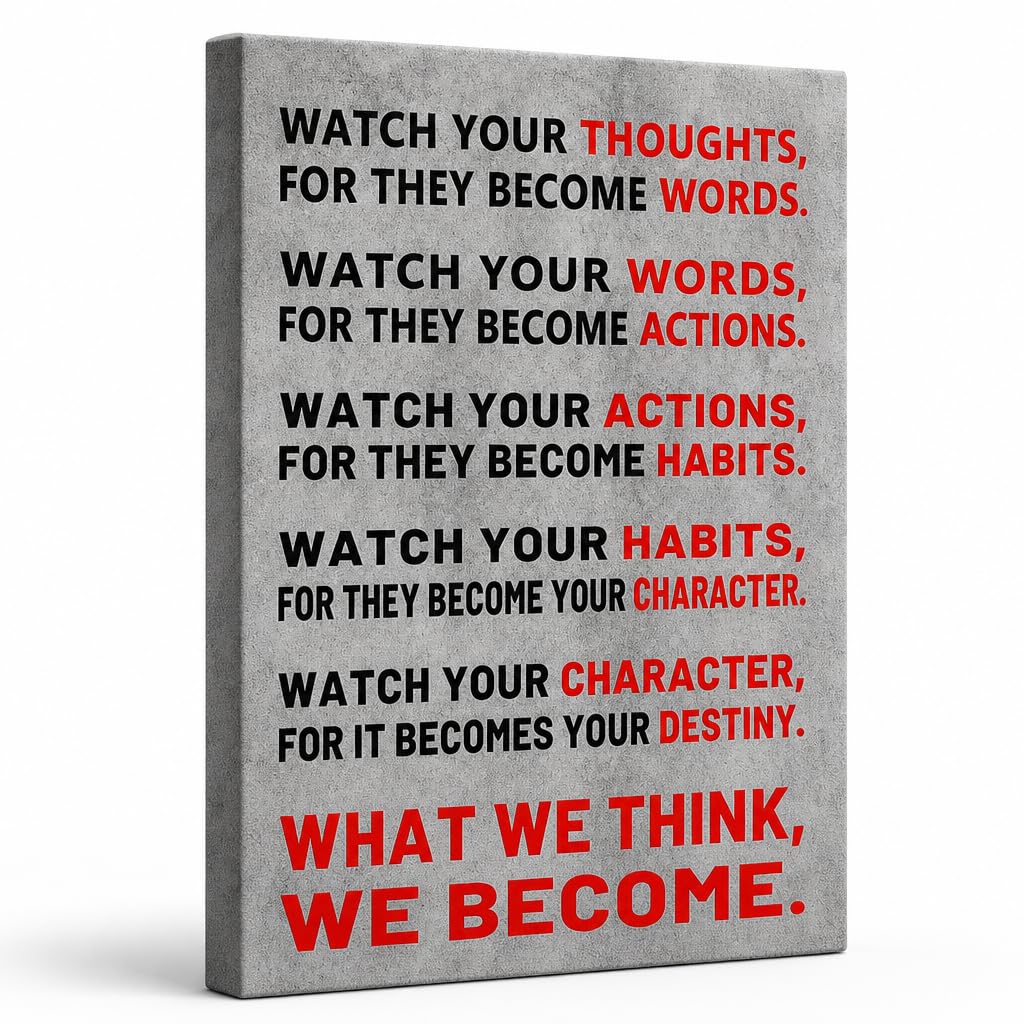 YSPCSUN Inspirational Posters for Office Watch Your Thoughts Quote, Gray Red Canvas Wall Decor for Home Office Dorm Classroom, Single Panel Framed Canvas Poster, 24x18 Inch