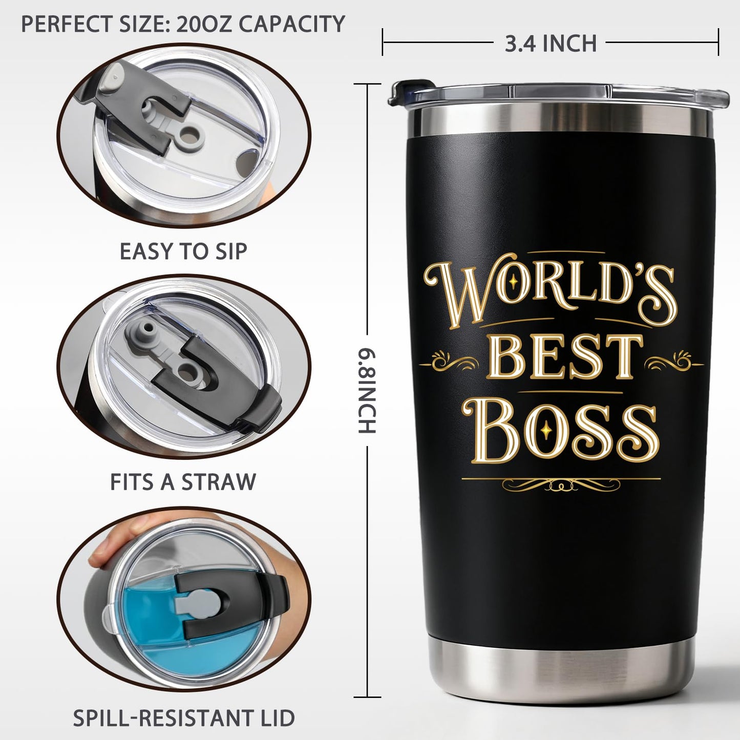 ZyraGleam Worlds Best Boss Appreciation Gifts for Men - Boss Birthday Gift Ideas for Male Insulated Stainless Steel Travel Coffee Tumbler 20 OZ Black