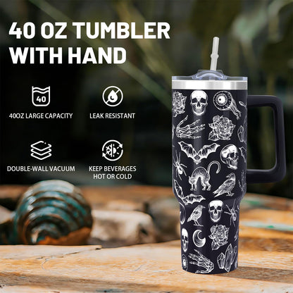 40oz Goth Tumbler With handle, Gothic Halloween Stainless Steel Leak Proof Travel Coffee Mug Cup Water Bottle Tumbler With Lid and Straw, Witchy Goth Gifts for Women Birthday Christmas Halloween