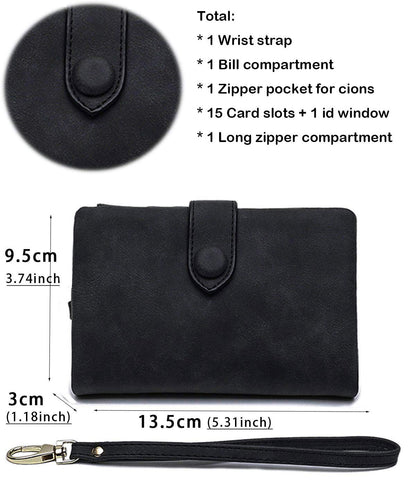 AOXONEL Women's Small Bifold Leather wallet Rfid blocking Ladies Wristlet with Card holder id window Coin Purse (Black)