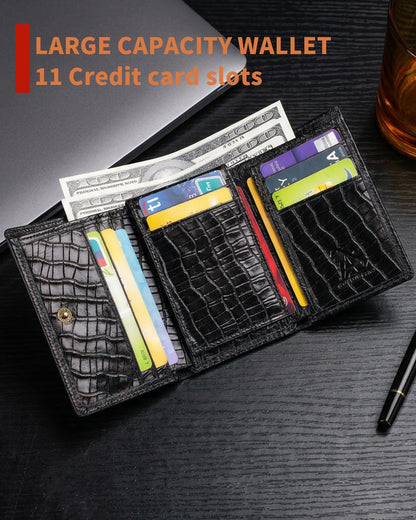 Steel Lion Mens Trifold Wallet Leather RFID Blocking, Crocodile Embossed Slim Wallet with 2 ID Window, 11 Card Slots, Detachable Anti-Theft Chain, Compact Wallet for Business Travel Daily Use (Black)