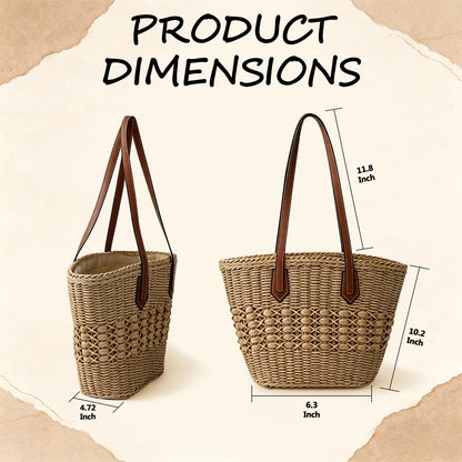 OKoriensuntek Straw Tote Bag Woven Beach Bag for Women, Large Capacity Summer Shoulder Bag with Leather Handles, Boho Handwoven Tote for Travel, Beach, Everyday Use，Brown