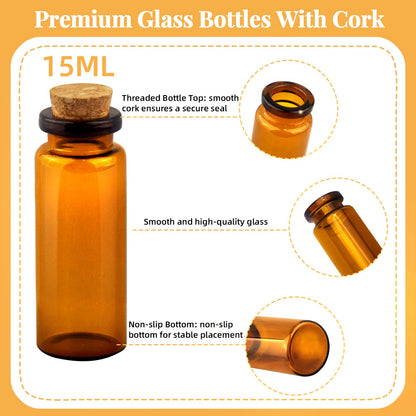 100 Pcs 15ml Small Brown Glass Bottles with Corks, Amber Vials for DIY Crafts, Wedding Decor, Halloween Potion Bottles, Perfume Samples & Message in a Bottle