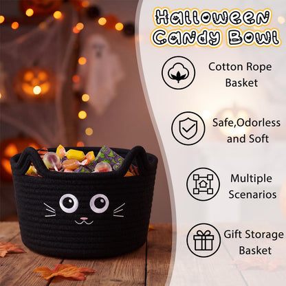 Yungyan 3 Pcs Black Cat Baskets, Woven Cotton Rope Cat Storage Bin Organizer, Trick or Treat Candy Bowls, Boo Gift Basket, Halloween Party Supplies for Laundry, Baby, Towels, Blankets, Animal