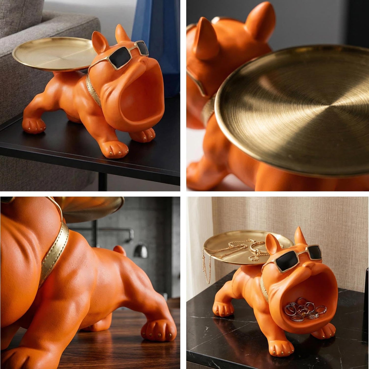 QDDTRAHCCLJZ French Bulldog Tray Sculpture – Multifunctional key tray and candy bowl, resin bulldog statue, suitable for entryway tables, office desks, living room use, home decor gift. (orange)