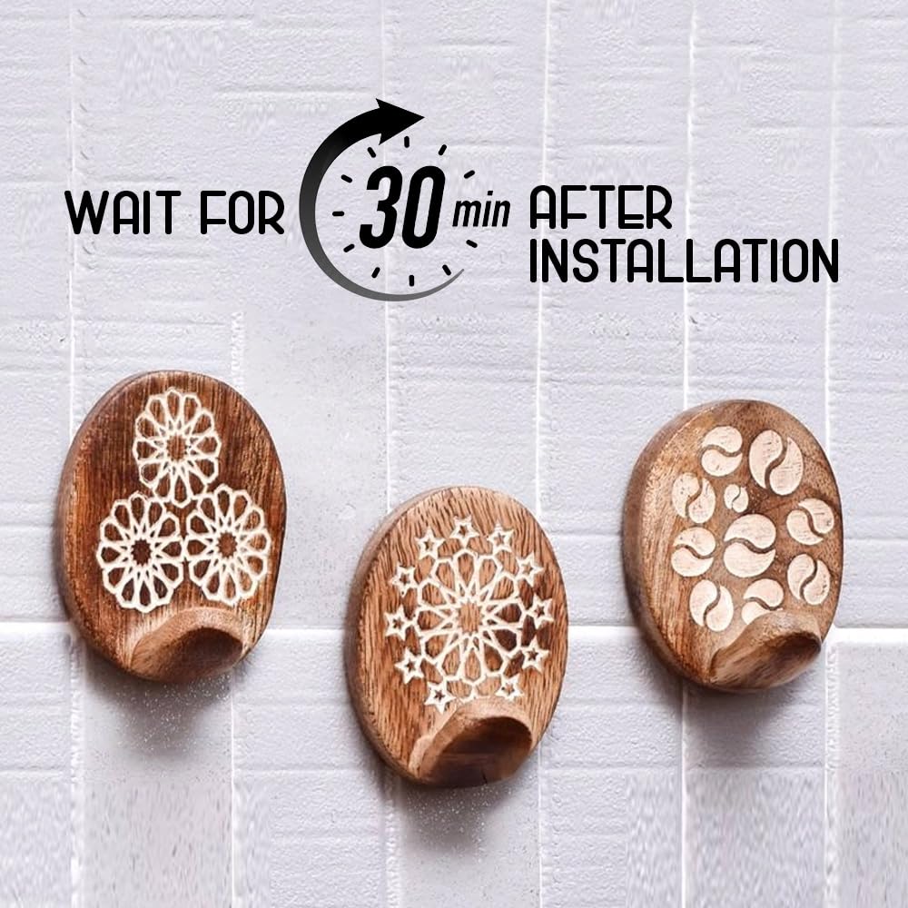 Indian Shelf 6 Lb Decorative Wood Adhesive Wall Hooks–Boho Peel and Stick Hooks for Keys, Hats, Towels, Bags & Entryway Decor, Self Adhesive Wall Mounted Hooks for Home Organization -6 Pieces