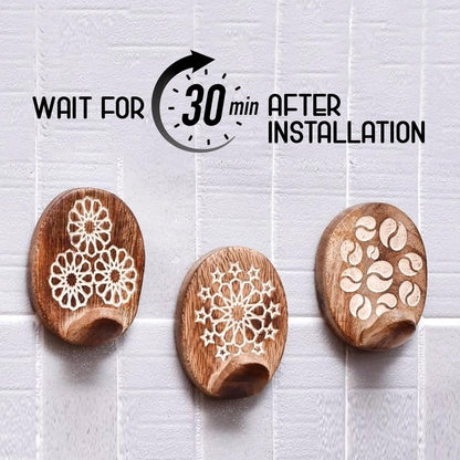 Indian Shelf 6 Lb Decorative Wood Adhesive Wall Hooks–Boho Peel and Stick Hooks for Keys, Hats, Towels, Bags & Entryway Decor, Self Adhesive Wall Mounted Hooks for Home Organization -6 Pieces