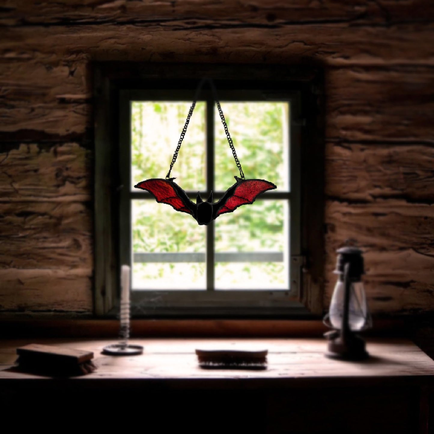 Bat Stained Glass Sun Catcher Window Hanging, Handmade Translucent Decorative Art, Halloween Home Decor (red)