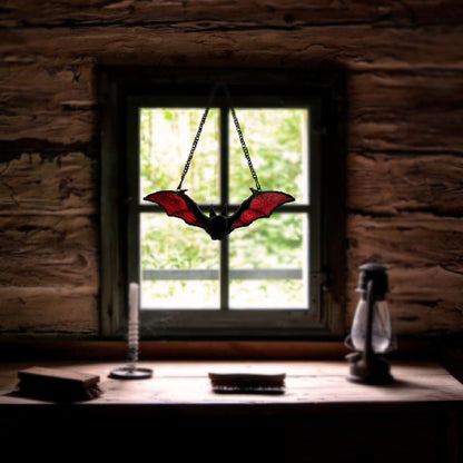 Bat Stained Glass Sun Catcher Window Hanging, Handmade Translucent Decorative Art, Halloween Home Decor (red)