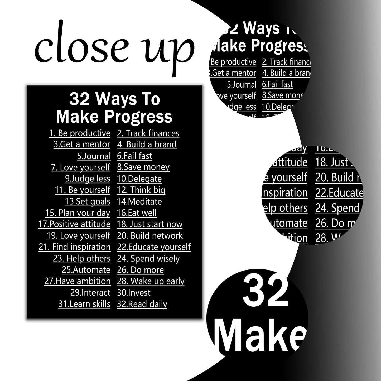 DINGFUN Inspirational Posters for Office 32 Ways to Make Progress Canvas Wall Art, Black White List Quote Single Panel Wall Decor for Home Office Dorm Classroom 24x18 Inch