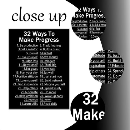 DINGFUN Inspirational Posters for Office 32 Ways to Make Progress Canvas Wall Art, Black White List Quote Single Panel Wall Decor for Home Office Dorm Classroom 24x18 Inch