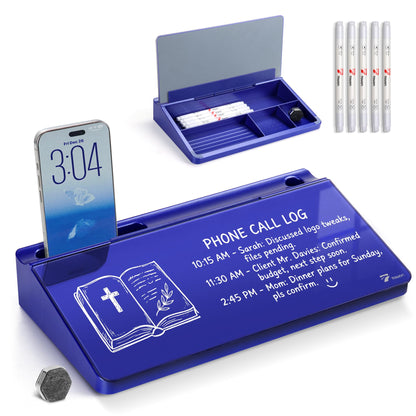 TOWON Navy Small Compact Glass Desktop Whiteboard with Storage, 12 x 7 Inches, Glossy Metallic Paint Mirror Finish Dry Erase Board, Includes 5 Markers, Eraser & Holder for Office Homeschooling Décor