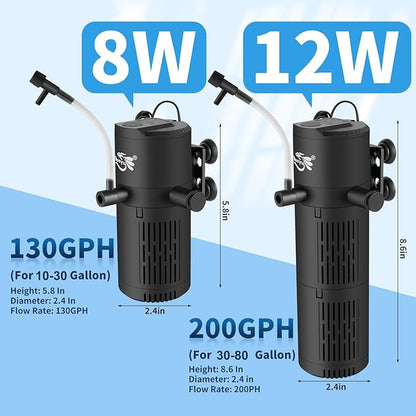 Aquarium Filter, Fish Tank Filter 4-in-1 for 30-80 Gallon Tanks, Submersible Internal Filter with Wave-Maker, Oxygenation & Adjustable Air Flow for Freshwater/Saltwater/Turtle Tanks (12W)