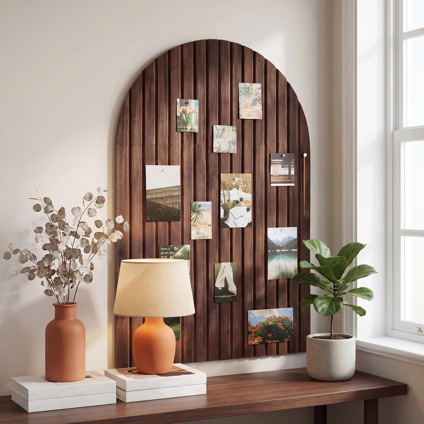 Mindsoft 1 Pcs 35" x 24" Large Integrated Arched Felt Bulletin Board - Foldable Cork Board Alternative - No Assembly Wall Decor for Office, Bedroom & Home Display Photos (Walnut)