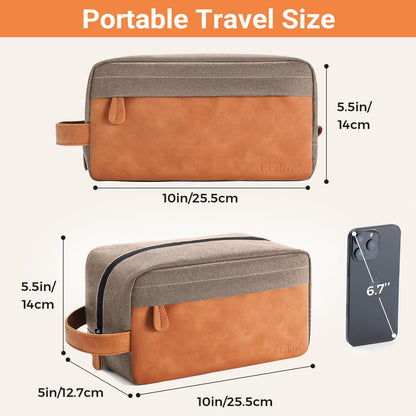 Elviros Travel Toiletry Bag for Men, Hanging Toiletries Bag Water Repellent Dopp Kit PU Leather Travel Bag for Toiletries Accessories, Khaki