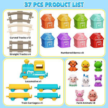 Train Set Toy for Toddlers 1-3, Montessori Learning Matching & Sorting Toys for 1 2 3 Year Old, Electric Train with Farm Animals Finger Puppets, Christmas Birthday Gift for Boys Girls (Blue)